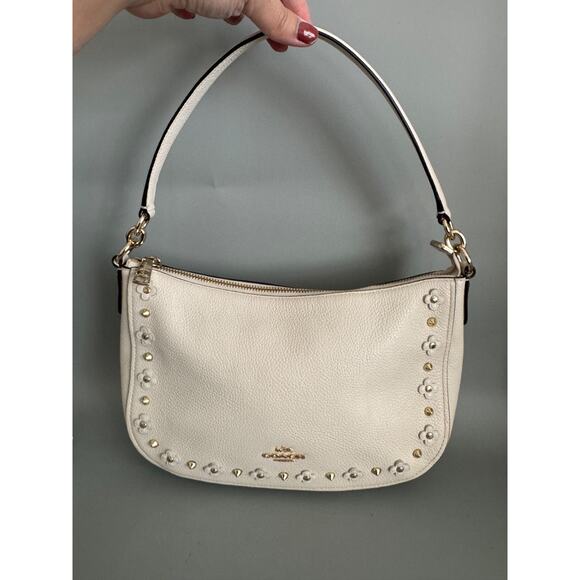 Coach Chelsea Shoulder Bag Studded with Floral Rivets Chalk White Leather Daisy - Picture 1 of 13